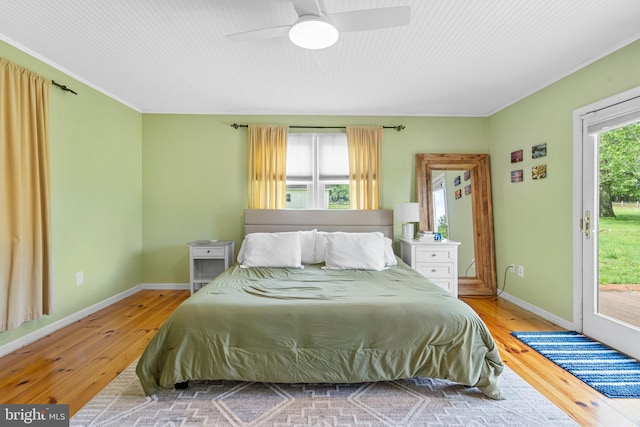 522 Creek Rd, Moorestown, NJ 08057 - bedroom with access to exterior, wood-type flooring, baseboards, a ceiling fan, and ornamental molding