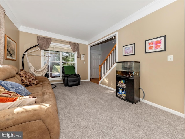4 Jeffrey Ln, Brunswick, MD 21758 - carpeted living room featuring crown molding and stairway