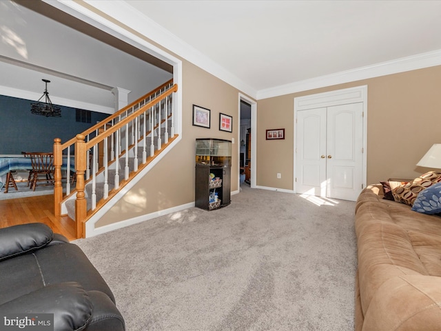 4 Jeffrey Ln, Brunswick, MD 21758 - carpeted living area with stairway and crown molding