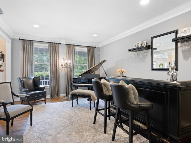 130 Waterfall Ln, Landenberg, PA 19350 - living area featuring a dry bar, light wood-style floors, crown molding, recessed lighting, and baseboards
