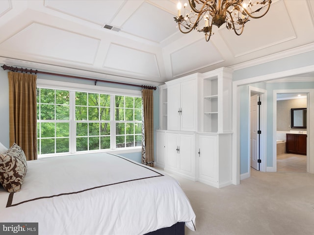 130 Waterfall Ln, Landenberg, PA 19350 - bedroom featuring a chandelier, coffered ceiling, light carpet, crown molding, and vaulted ceiling