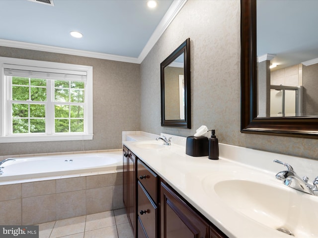 130 Waterfall Ln, Landenberg, PA 19350 - full bathroom with crown molding, a bath, double vanity, tile patterned floors, and an enclosed shower