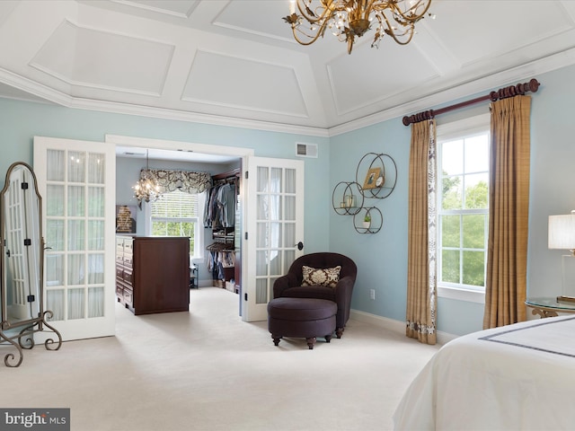 130 Waterfall Ln, Landenberg, PA 19350 - carpeted bedroom featuring a chandelier, coffered ceiling, french doors, a spacious closet, and ornamental molding