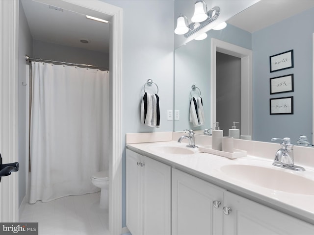 130 Waterfall Ln, Landenberg, PA 19350 - full bathroom featuring double vanity, toilet, tile patterned flooring, and a shower with curtain