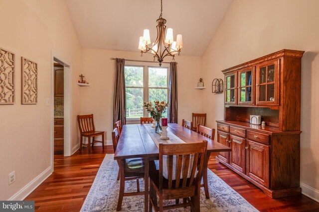 15039 Jarrettsville Pike, Monkton, MD 21111 - dining room with a chandelier, dark wood finished floors, high vaulted ceiling, and baseboards