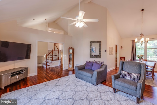 15039 Jarrettsville Pike, Monkton, MD 21111 - living room with high vaulted ceiling, wood finished floors, a chandelier, stairway, and a ceiling fan