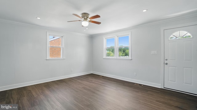 8014 Ritchie Hwy, Pasadena, MD 21122 - foyer featuring ceiling fan, dark wood-type flooring, crown molding, baseboards, and recessed lighting