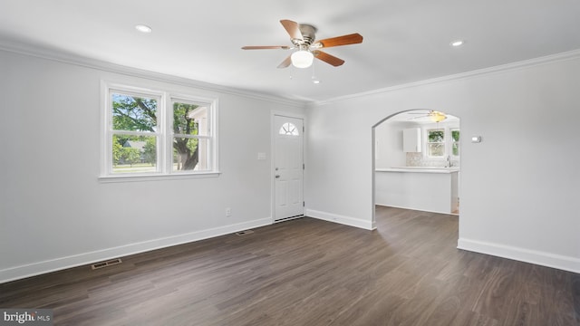 8014 Ritchie Hwy, Pasadena, MD 21122 - foyer featuring crown molding, ceiling fan, dark wood finished floors, baseboards, and recessed lighting