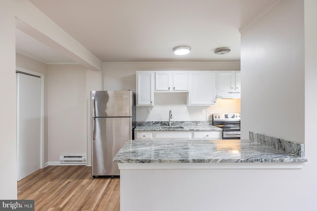 kitchen featuring appliances with stainless steel finishes, a baseboard heating unit, a sink, under cabinet range hood, and white cabinets