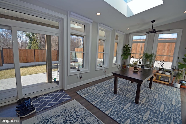 7012 Silverwood St, Philadelphia, PA 19128 - office with a skylight, wood finished floors, a ceiling fan, baseboards, and recessed lighting