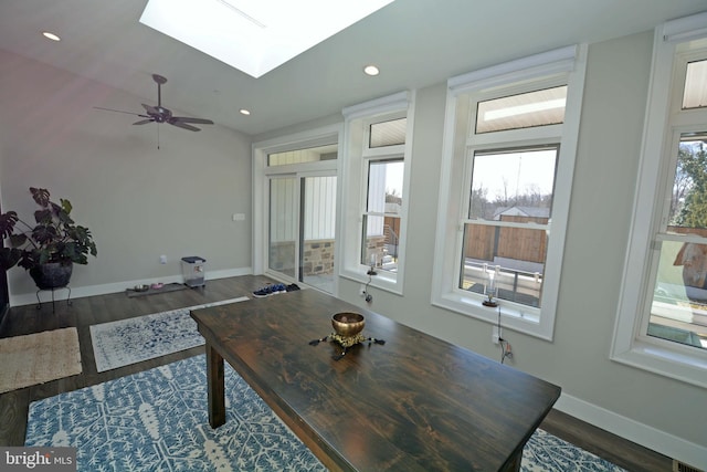 7012 Silverwood St, Philadelphia, PA 19128 - living room featuring a skylight, wood finished floors, baseboards, recessed lighting, and ceiling fan