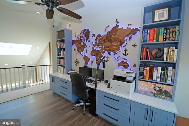 7012 Silverwood St, Philadelphia, PA 19128 - office featuring a skylight, a ceiling fan, dark wood-style floors, vaulted ceiling, and recessed lighting
