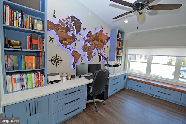 7012 Silverwood St, Philadelphia, PA 19128 - home office featuring ceiling fan, dark wood-style floors, and recessed lighting