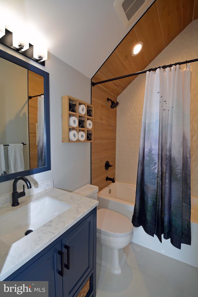 7012 Silverwood St, Philadelphia, PA 19128 - full bathroom featuring wooden ceiling, shower / tub combo, vanity, toilet, and recessed lighting