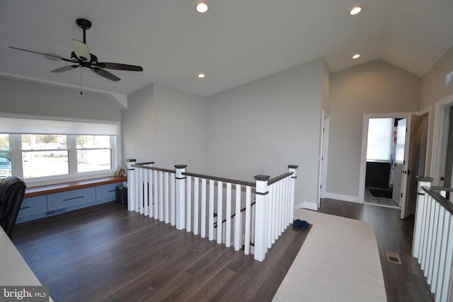 7012 Silverwood St, Philadelphia, PA 19128 - hall featuring dark wood-style floors, an upstairs landing, recessed lighting, lofted ceiling, and baseboards