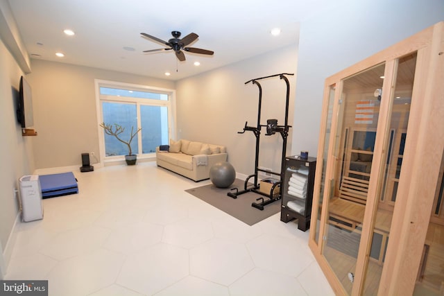 7012 Silverwood St, Philadelphia, PA 19128 - workout room with a ceiling fan, recessed lighting, and baseboards