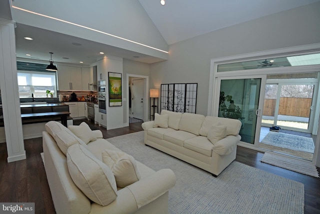 7012 Silverwood St, Philadelphia, PA 19128 - living room featuring lofted ceiling, dark wood-style flooring, recessed lighting, and ceiling fan