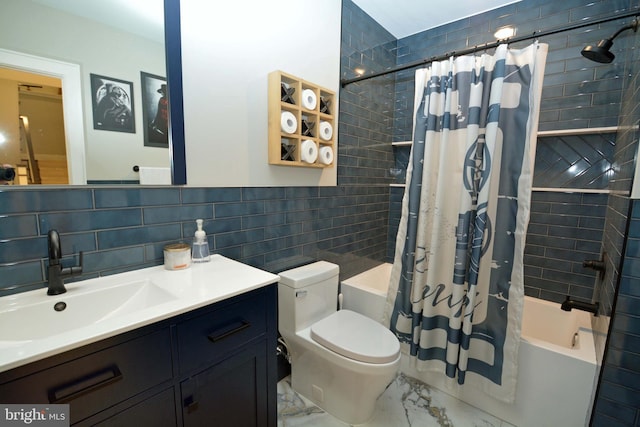 7012 Silverwood St, Philadelphia, PA 19128 - bathroom featuring shower / bath combo with shower curtain, marble look tile flooring, toilet, decorative backsplash, and tile walls