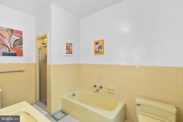 bathroom featuring tile walls, toilet, a stall shower, wainscoting, and a bath