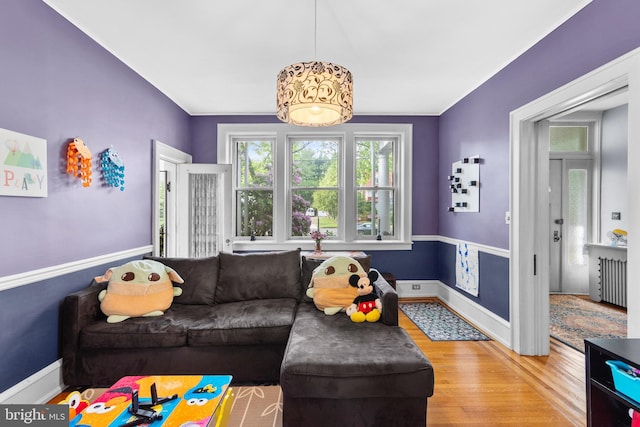 living area with wood finished floors, radiator heating unit, and baseboards