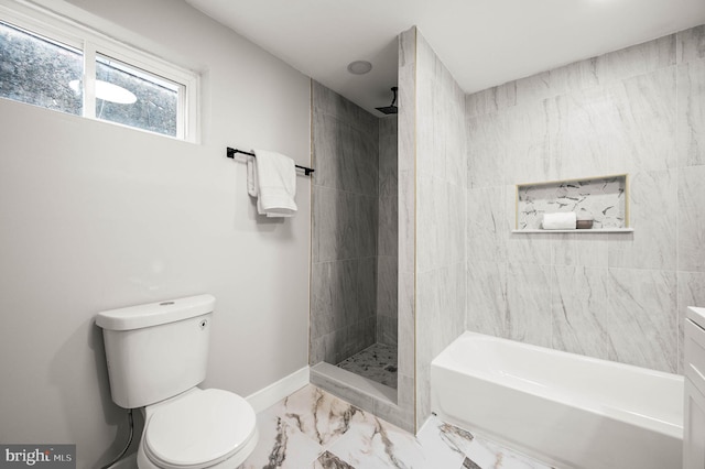 5113 W Thompson St, Philadelphia, PA 19131 - bathroom featuring a tile shower, marble finish flooring, toilet, baseboards, and a bathtub