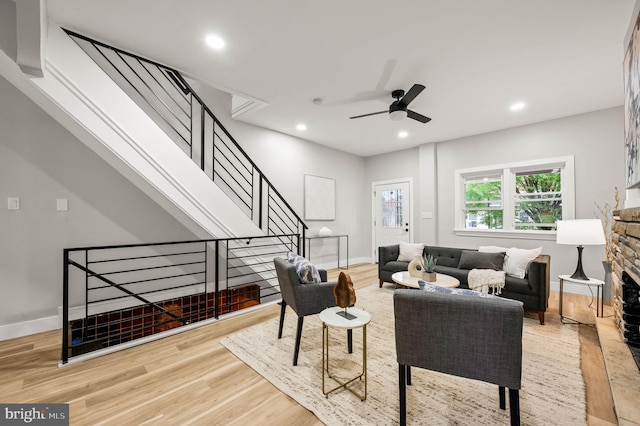 5113 W Thompson St, Philadelphia, PA 19131 - living area featuring light wood finished floors, ceiling fan, recessed lighting, and a fireplace