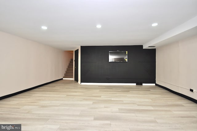 8922 Brous Ave, Philadelphia, PA 19152 - finished basement featuring light wood-style flooring, recessed lighting, baseboards, and stairway