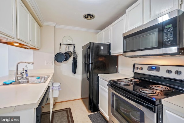 kitchen with black appliances, a sink, ornamental molding, white cabinets, and light countertops