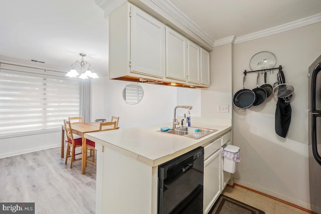kitchen featuring dishwasher, a sink, ornamental molding, white cabinetry, and light countertops