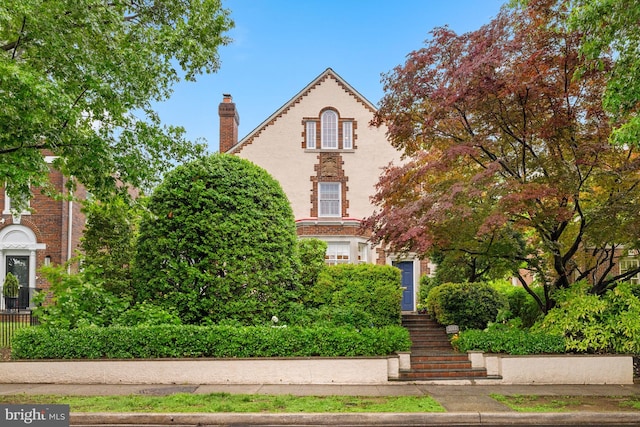 view of front of property featuring a chimney and brick siding