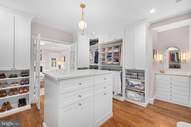 walk in closet with light wood finished floors