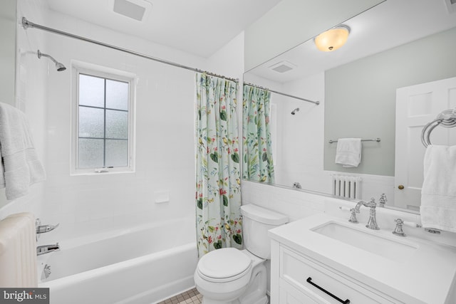 full bath featuring radiator, shower / bathtub combination with curtain, toilet, and vanity