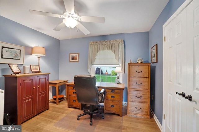 home office featuring light wood-type flooring, a ceiling fan, and baseboards