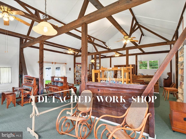 1 N Landvale St, York Haven, PA 17370 - carpeted dining space with a ceiling fan, a bar, beam ceiling, and high vaulted ceiling