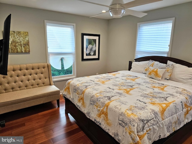 bedroom with dark wood-style floors, recessed lighting, and ceiling fan