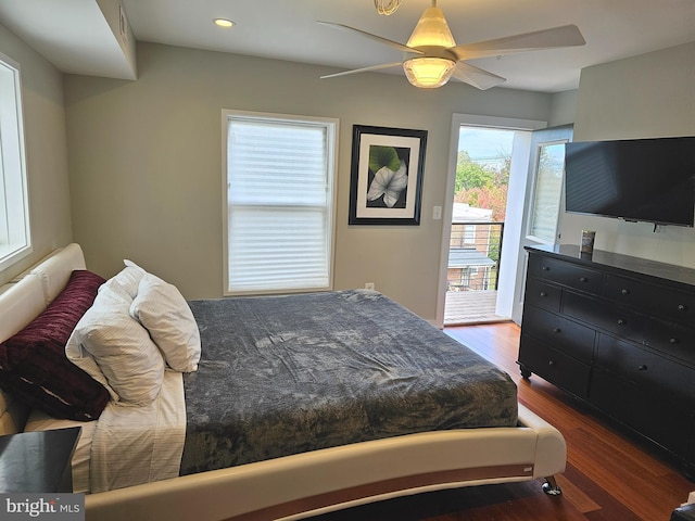 bedroom with access to exterior, wood finished floors, recessed lighting, and a ceiling fan