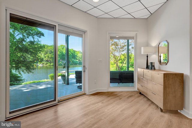 2200 Spinnaker Ct, Reston, VA 20191 - unfurnished bedroom featuring a water view, access to outside, light wood-style floors, multiple windows, and a paneled ceiling