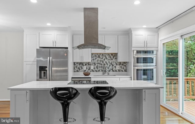 4652 Luxberry Dr, Fairfax, VA 22032 - kitchen with stainless steel appliances, a sink, island exhaust hood, decorative backsplash, and light wood finished floors