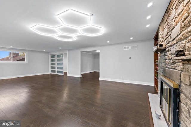 616 Webb Rd, Elkins Park, PA 19027 - unfurnished living room featuring a fireplace, dark wood-style floors, baseboards, and recessed lighting
