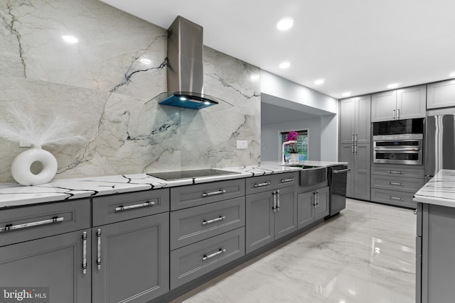 616 Webb Rd, Elkins Park, PA 19027 - kitchen with gray cabinetry, stainless steel appliances, light marble finish floors, a sink, and recessed lighting