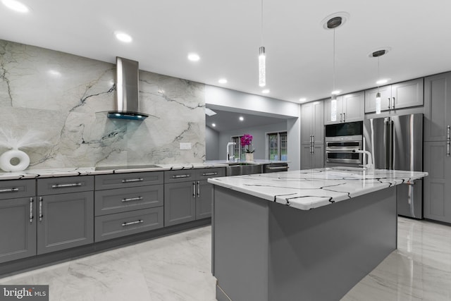 616 Webb Rd, Elkins Park, PA 19027 - kitchen with wall chimney range hood, gray cabinets, stainless steel appliances, light marble finish floors, and recessed lighting
