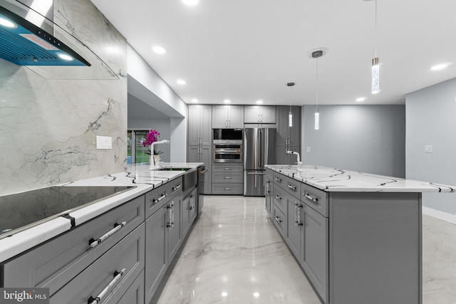 616 Webb Rd, Elkins Park, PA 19027 - kitchen featuring gray cabinets, wall chimney range hood, light marble finish flooring, stainless steel appliances, and recessed lighting