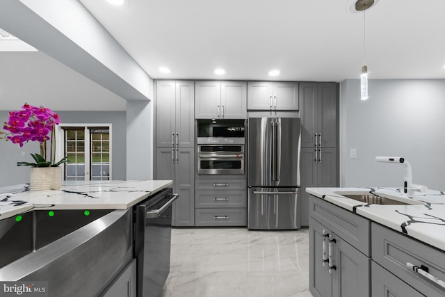 616 Webb Rd, Elkins Park, PA 19027 - kitchen with freestanding refrigerator, a sink, gray cabinets, and recessed lighting