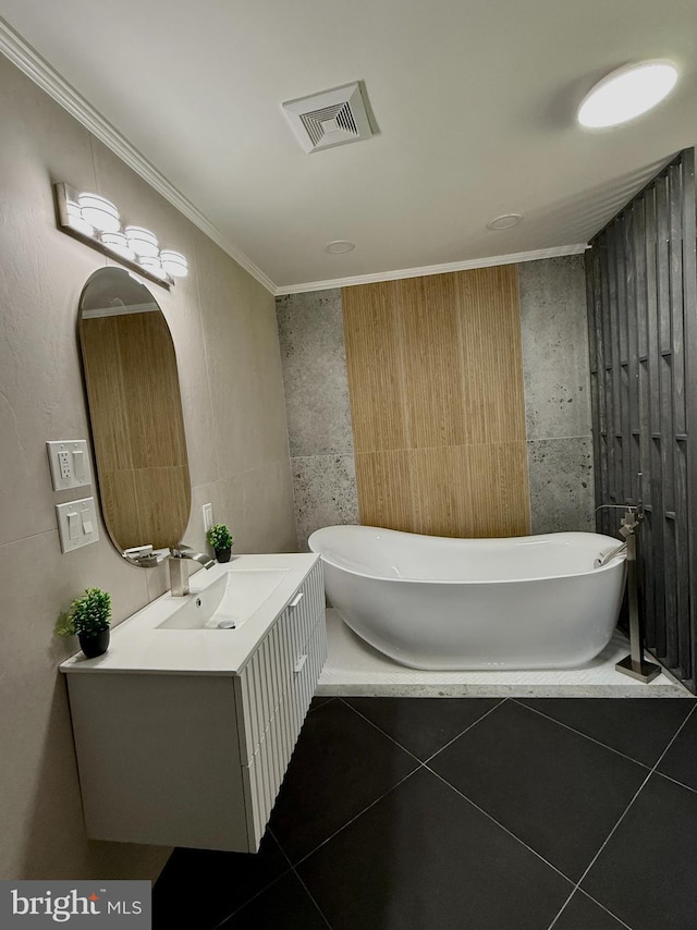 616 Webb Rd, Elkins Park, PA 19027 - full bath featuring tile patterned floors, a freestanding bath, vanity, and ornamental molding