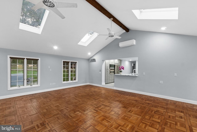616 Webb Rd, Elkins Park, PA 19027 - unfurnished living room with a skylight, a ceiling fan, an AC wall unit, beamed ceiling, and high vaulted ceiling