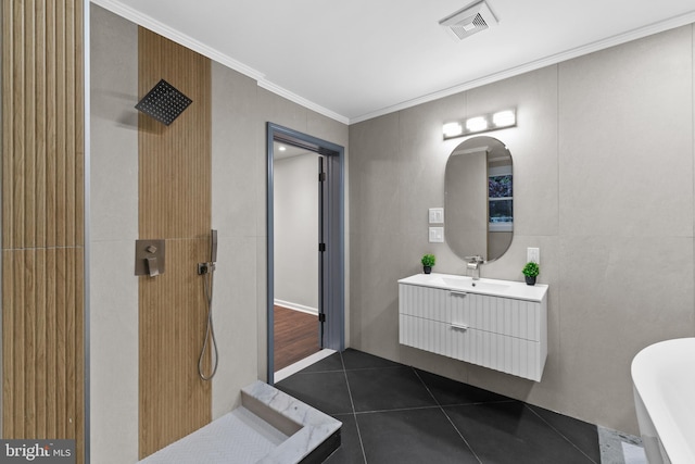 616 Webb Rd, Elkins Park, PA 19027 - full bathroom featuring tile patterned floors, a shower, ornamental molding, and vanity