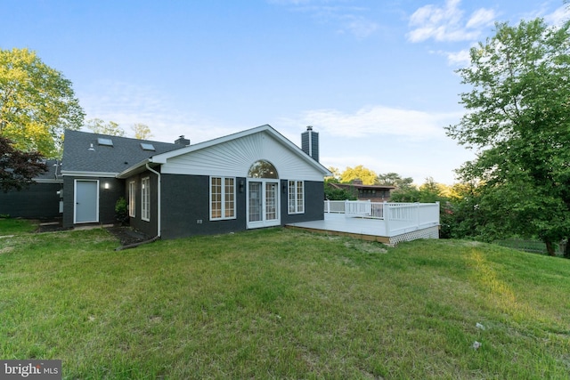 616 Webb Rd, Elkins Park, PA 19027 - rear view of property with a chimney, french doors, a deck, and a lawn