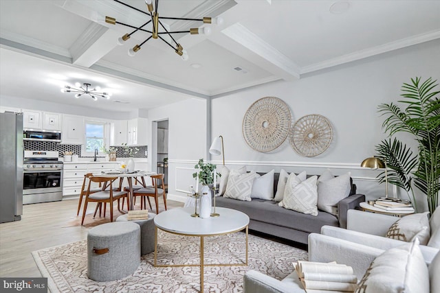 1711 Langley Rd, Baltimore, MD 21221 - living area featuring a chandelier, beamed ceiling, light wood-type flooring, and crown molding