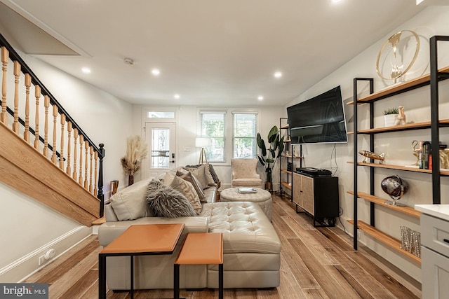 1919 Bennett Pl NE, Washington, DC 20002 - living area with stairway, light wood-type flooring, recessed lighting, and baseboards