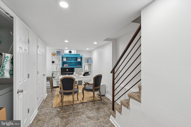 dining room featuring stairs, baseboards, recessed lighting, an office area, and stone finish flooring
